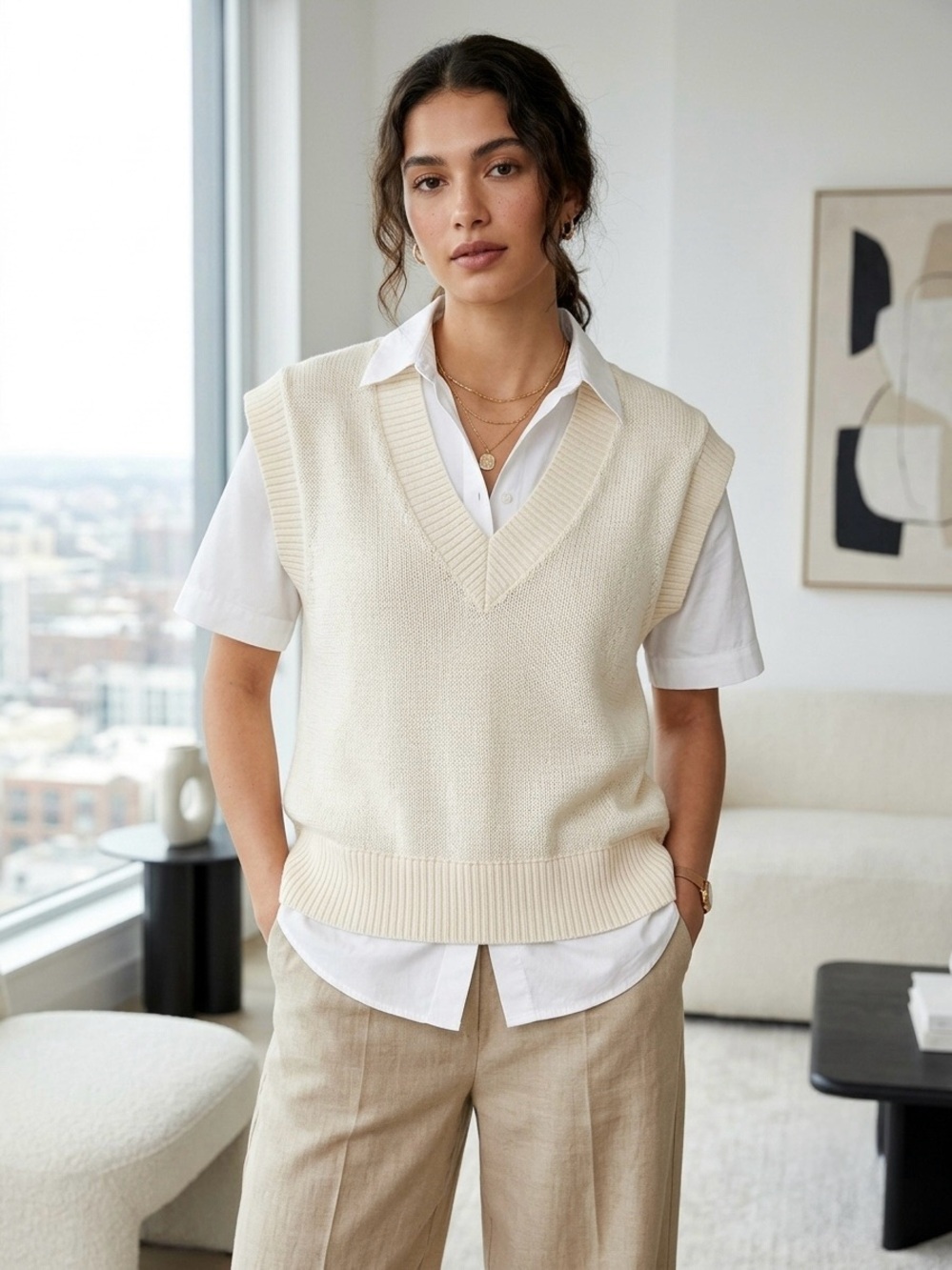 Zara Cream V-Neck Sleeveless Knit Vest